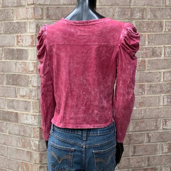 7 For All Mankind Puff Shoulder V-Neck Long Sleeve Stone Washed Cropped Top Sz S - Picture 4 of 12